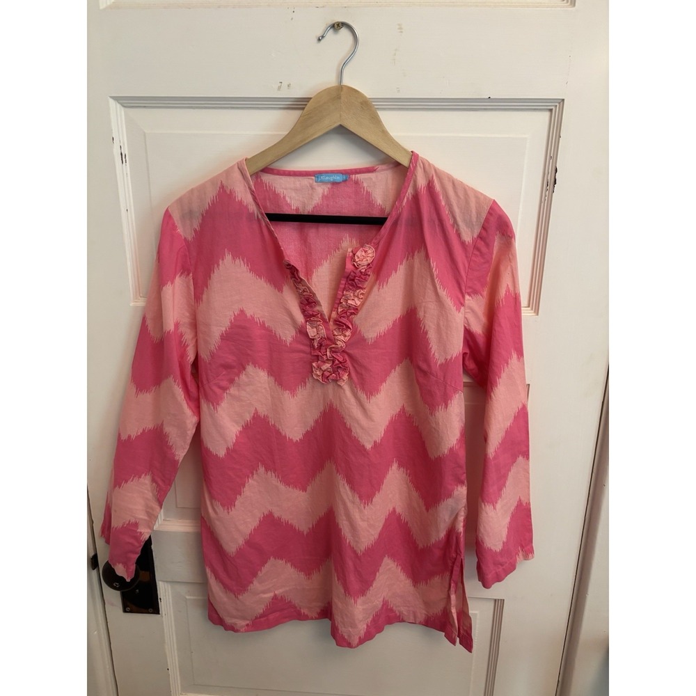 J. McLaughlin Women's Pink Chevron Ruffle V-Neck 100% Cotton Tunic Size Small